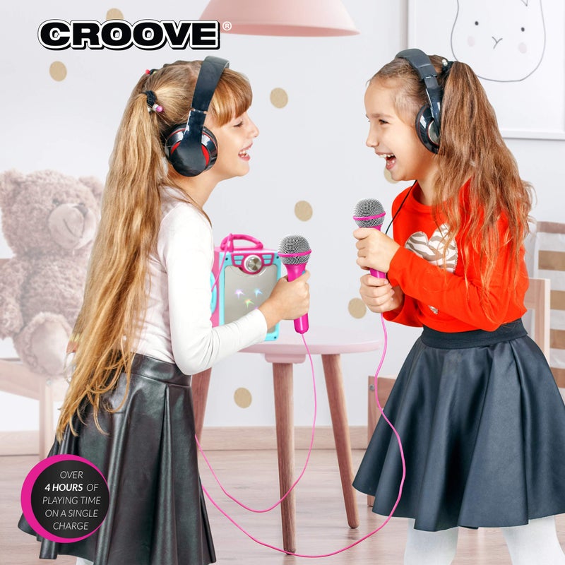 Croove Rechargeable Karaoke Machine for Kids, Pink Portable Karaoke Set, Gift for Girl Speaker & 2 Microphones with Lyrics Display, Bluetooth/AUX/USB, Best Birthday Gifts For Girls Ages 8 9+ Years Old - Image 2